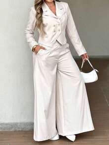 LUNNELUX Women Fall 2 Pieces Suit Set, Lapel Long Sleeve Double Breasted Blazer & High Waist Wide Leg Trousers Office Daily Outfit With Side Pockets - Beige - View 3