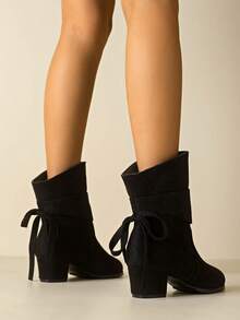 Women's New Ruched Ankle Boots With Back Lace-Up Bow, Fashionable Versatile Chunky Heel Ankle Boots - Black - View 5
