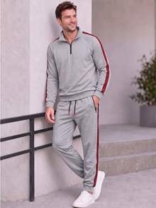 Men's Casual Sports Outfit Spring Autumn, Lapel Pullover Sweatshirt + Jogger Pants Two Pieces Set, Daily Work Fitness Running Wear Men's Suit - Light Grey - View 4