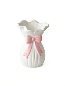 1pc White Vase With Red Bow, Elegant Wavy Edge Vase, Modern Decorative Centerpiece, Suitable For Vanity And Dining Table, Housewarming Gift, Home Center Decor, Vanity Decor, Housewarming Gift - Multi-color - View 11