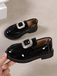 Rongshu Kids' Shiny Black Loafers, Slip-On Casual Shoes With Rhinestone Square Buckle, Suitable For Daily And Formal Occasions - Black - View 1