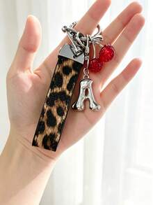 26 Alphabet Letter Keychain Pendant Creative Leopard Print PU Rope Key Strap, Cherry Charm, Car Keychain Pendant, Bag Charm Accessory, Key Decoration Accessory, 26 Letters To Choose From, Meaningful Gift For Family And Friends On Holidays - Brown - View 34