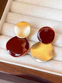 1 Pair Vintage Hong Kong Style Red Oil Drop Round Disc Earrings, Suitable For Women's Daily And Holiday Wear - Golden Yellow + Burgundy - View 3