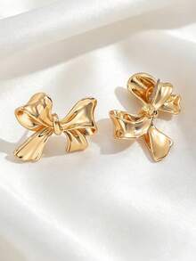 1 Pair European And American Minimalist Bow Earrings For Women, Suitable For Wedding, Ball And Party - Gold - View 3