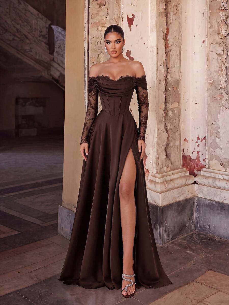 ADYCE Elegant Long Sleeve Waisted Backless Bodycon Backless Lace Fishbone Ball Prom Gown Homecoming Wedding Guest Formal Dinner Birthday Party Christmas - Brown - View 1