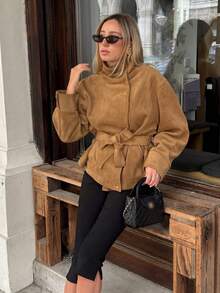 Women's Autumn/Winter Faux Suede Lace-Up Stand Collar Loose Jacket - Camel - View 7