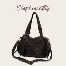 STEPHIECATHY 纯色水洗柔软PU仿皮，拉链封口，多口袋设计，双短肩带，可调节腰带，女士单肩斜挎包，小号，男女通用，复古休闲实用，适合大学生日常通勤 - 咖啡 - 查看 2