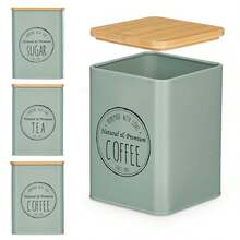 Dam Pack Of 3 Jars With Bamboo Lid In Mint Green, Assorted 3 Designs "Coffee, Sugar And Tea". - View 1
