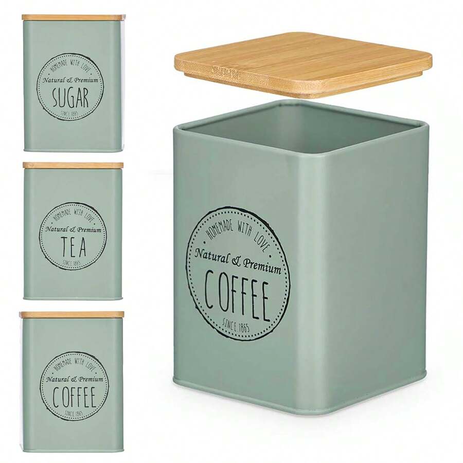 Dam Pack Of 3 Jars With Bamboo Lid In Mint Green, Assorted 3 Designs "Coffee, Sugar And Tea". - View 1