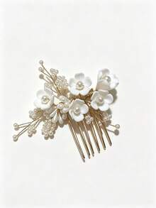 Gentle Style Ceramic Flower & Pearl Hair Pin, Bridal Wedding Dress Updo Hair Accessory, Daily Atmospheric Hair Comb - Gold - View 5