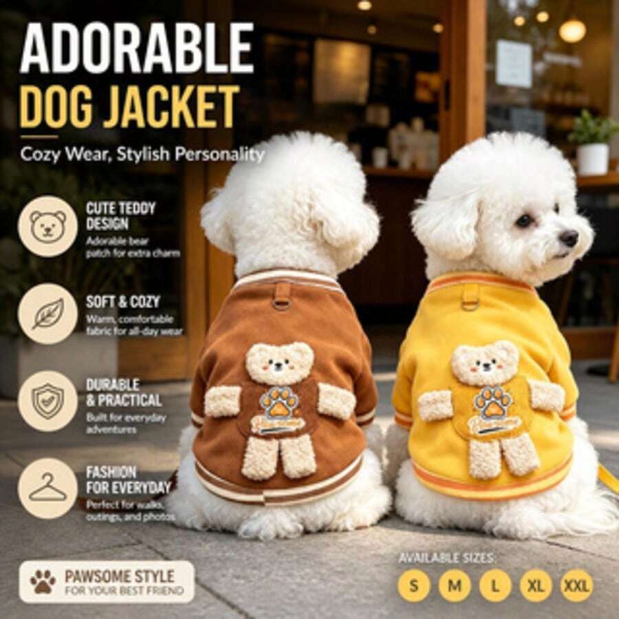 1pc Cute 3D Bear & Dog Jacket, Thermal Lined Cat & Dog Coat With Leash Attachment, Personalized Pattern Design, Suitable For Small & Medium Dogs And Cats, Universal Pet Clothing - Multicolor - View 1