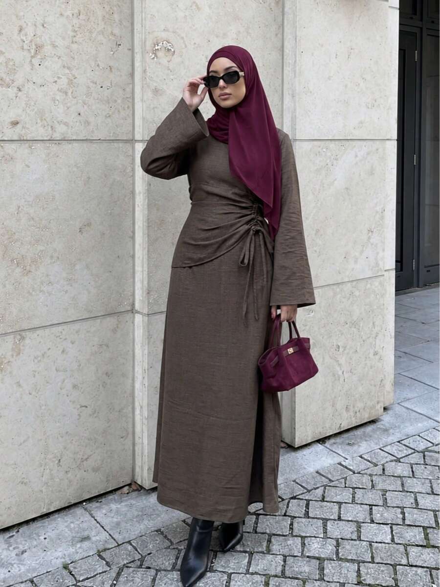 1pc Set (Excluding Headscarf) Elegant Drawstring Fashion Abaya Modest Long Dress, Skin-Friendly Comfortable For Party, Wedding, Ramadan - Brown - View 1