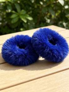 2pcs Set Basic Minimalist Autumn/Winter Preppy Style Commute Faux Fur Scrunchies Hair Accessories - Royal Blue - View 5