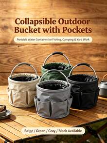 Collapsible Outdoor Water Bucket With Multiple Side Pockets, Portable Hand-Carried Water Container, Metal Handle, Foldable Bucket For Fishing, Camping, Gardening, Yard Work And Outdoor Activities - Portable Version - View 4