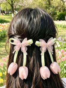 6/2pcs Handmade Tulip Bow Hair Clips, Durable & Gentle On Hair, Lively & Sweet Hair Accessories - Suitable For Children And Girls, Daily School, Vacation, Party - Multicolor - View 2