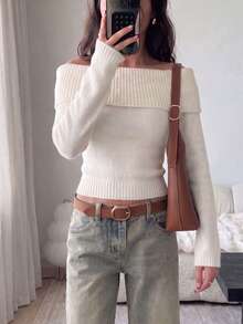 Women's Off-Shoulder Folded Long Sleeve Knit Sweater, Slim Fit Solid Color Pullover Top, Suitable For Date, Party And Daily Wear - White - View 2