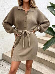 Plus Size Casual Fashion Colorblock Patchwork Button Belt Lapel Long Sleeve Knit Dress - Khaki - View 6