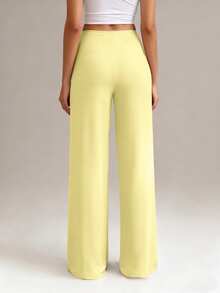 XLLAIS Women's Fashion Elastic High Waist Long Straight Leg Pants, Autumn Winter Spring, Yellow - Yellow - View 2