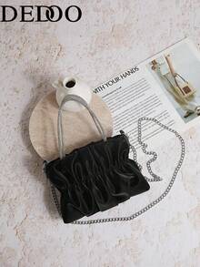 1pc PU Leather Bag, Party Handbag, Ruched Cloud Shaped Wallet, Chain Crossbody Shoulder Bag - Black - View 7