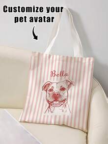 1Pc Custom Pet Photo Multi-Stripe Canvas Reusable Tote Bag, Large Lightweight Stylish Carryall For School Party Daily Shopping,Perfect Gift - Multicolor - View 19