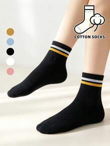 1/5 Pairs Women's Casual Boat Socks, Classic Striped Cuff Solid Color Soft Breathable Socks, Daily Campus Style Socks - Multicolor - View 1