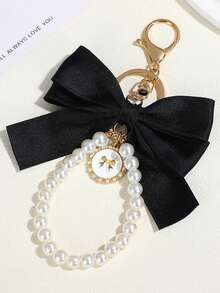 Creative Colorful Webbing Keychain With Bow And Pearl Bag Charm Key Gift For Women Purse Handbags - Black - View 1