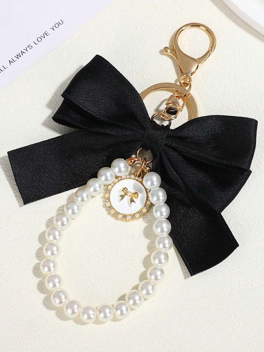 Creative Colorful Webbing Keychain With Bow And Pearl Bag Charm Key Gift For Women Purse Handbags - Black - View 1