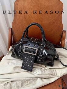 1pc Solid Color PU Leather New Women's Bag, Shoulder Bag, Crossbody Bag, Fashion Square Handbag, Rivet Decoration, Suitable For Commuting, Shopping, Dating, Work - Black - View 6