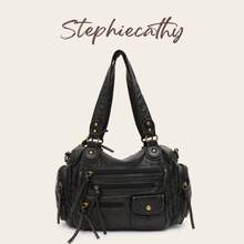 STEPHIECATHY Solid Color Washed Soft PU Faux Leather, Zipper Closure, Multi-Pocket Design, Dual Short Shoulder Straps, Adjustable Waist Belt, Women's Shoulder Crossbody Bag, Small Size, Unisex, Retro Casual Practical, Suitable For College Daily Commute - Black - View 1