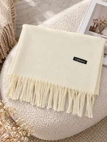 1pc Women's Solid Color Cashmere-Like Scarf, Soft Warm ThickFringed Shawl, Fashionable Versatile Winter Scarf For Daily Wear - Off White - View 5