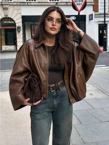 Women's Short Brown PU Leather Jacket, Loose Batwing Long Sleeve Lapel Coat With Elastic Hem - Brown - View 6