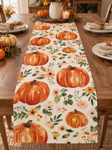 Autumn Pumpkin Floral Table Runner, Fall Harvest Thanksgiving Table Decor, Orange Pumpkin & Wildflower Printed Dining Table Runner For Kitchen, Home, Farmhouse, Holiday Party Decoration - Multiple Styles - View 5