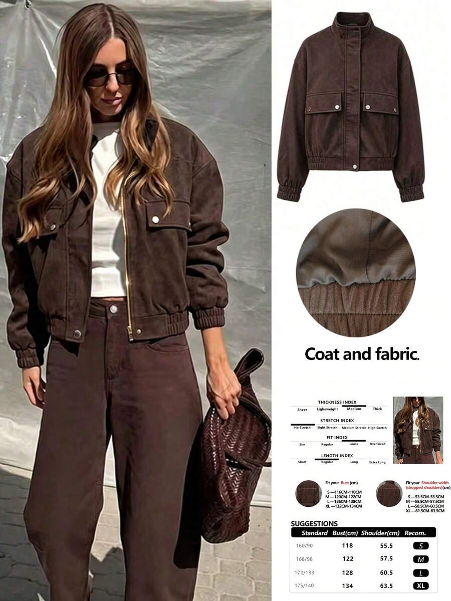 Vintage Women's Brown Knitted Fabric Motorcycle Jacket, Zipper Closure, Long Sleeve Collar, Regular Length, Suitable For Autumn/Winter - Coffee Brown - View 1