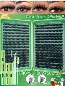 640/608/540pcs DIY Eyelash Extension Kit: Mixed Length 10-16mm, 10D-150D Cluster, 0.07mm D Curl, Fluffy Style. Includes Glue, Brush And Tweezers. Suitable For All Makeup Looks, Portable And Beginner-Friendly. - Multicolor - View 4
