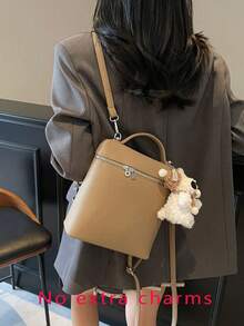Handbag With Lychee Texture And Silver Metal Hardware Decoration, Dual-Use Hand-Carry And Crossbody, Zipper Closure, Minimalist Commuter Style, Box Handbag, Suitable For Urban Women's Work Commute And Short Trips, Square Structured Shape, Can Store Cosmetics, Phone And Other Personal Items. - Khaki - View 3
