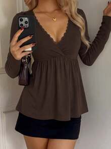 SCARLUX Autumn/Winter Y2K Women's Brown V-Neck Long Sleeve Knit Top, Suitable For Back To School, Street, Commute And Home Comfort Wear - Brown - View 6