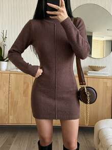 Live To Mo Women Brown Mock Neck Slim‑Fit Knit Dress,Long Sleeve Casual Bodycon Mini Dress For Fall Back To School, Date & Daily Wear - Brown - View 2