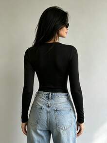 Women's Long Sleeve Solid Color Metal Decor Fashion Bodysuit, Slim Fit V-Neck, Suitable For Daily Wear, Shopping, Dating, Summer And Early Autumn - Black - View 7