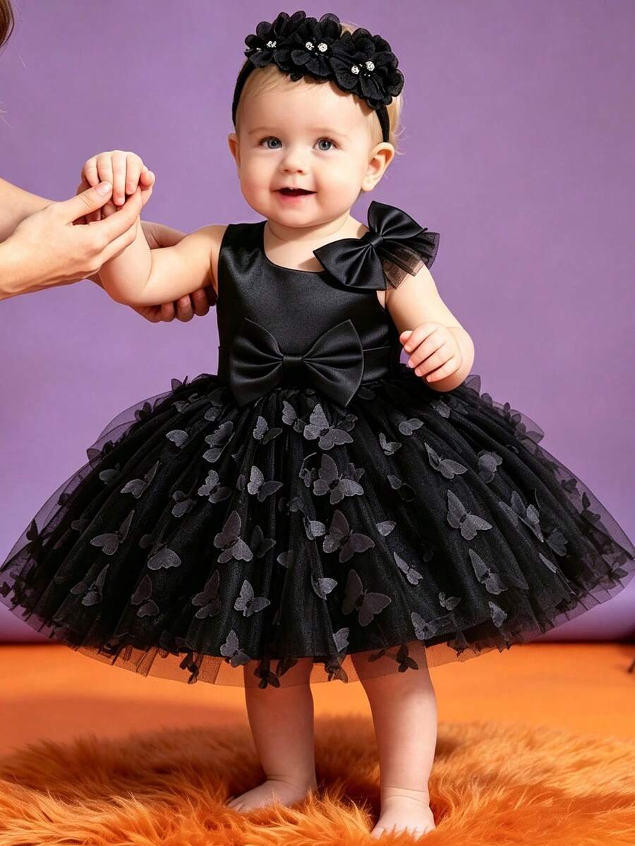 萬聖節女嬰公主蕾絲蝴蝶結蓬蓬裙洋裝,洗禮禮服,幼兒晚宴派對洋裝,黑色 - 黑色 - 查看 1