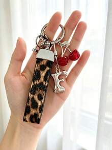 26 Alphabet Letter Keychain Pendant Creative Leopard Print PU Rope Key Strap, Cherry Charm, Car Keychain Pendant, Bag Charm Accessory, Key Decoration Accessory, 26 Letters To Choose From, Meaningful Gift For Family And Friends On Holidays - Brown - View 31