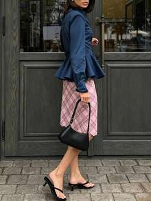 Women's Elegant Commuter Collared Long Sleeve Cinched Waist Ruffle Hem A-Line Blouse (With Shoulder Pads) Solid Color Front Button Closure For Daily Wear And Dating - Blue - View 2