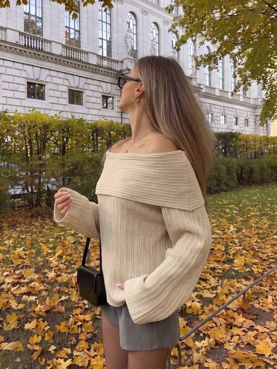 JustMiss Women's Knitted Cold Shoulder Long Sleeve Slim Fit Waist-Cinching French Style Soft Folded Shoulder Knit Top Spring Autumn - Khaki - View 1