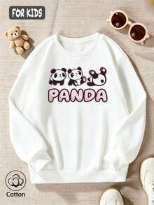 سويت شيرت أطفال أبيض بياقة دائرية PANDA بطبعة كرتونية لثلاثة باندا لطيفة وكلمة "PANDA" باللون الوردي المنفوخ، قميص بأكمام طويلة - أبيض - مشاهدة 3
