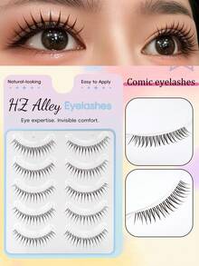 5 Pairs Pointed Tail Cartoon Eye Invisible Stem False Eyelashes, Wet Tip Girl Group Style, Natural Curl, Defined Strands, Fresh Sweet Korean-Japanese Big Eye Look, Soft Lightweight Faux Mink Hair - Black - View 3
