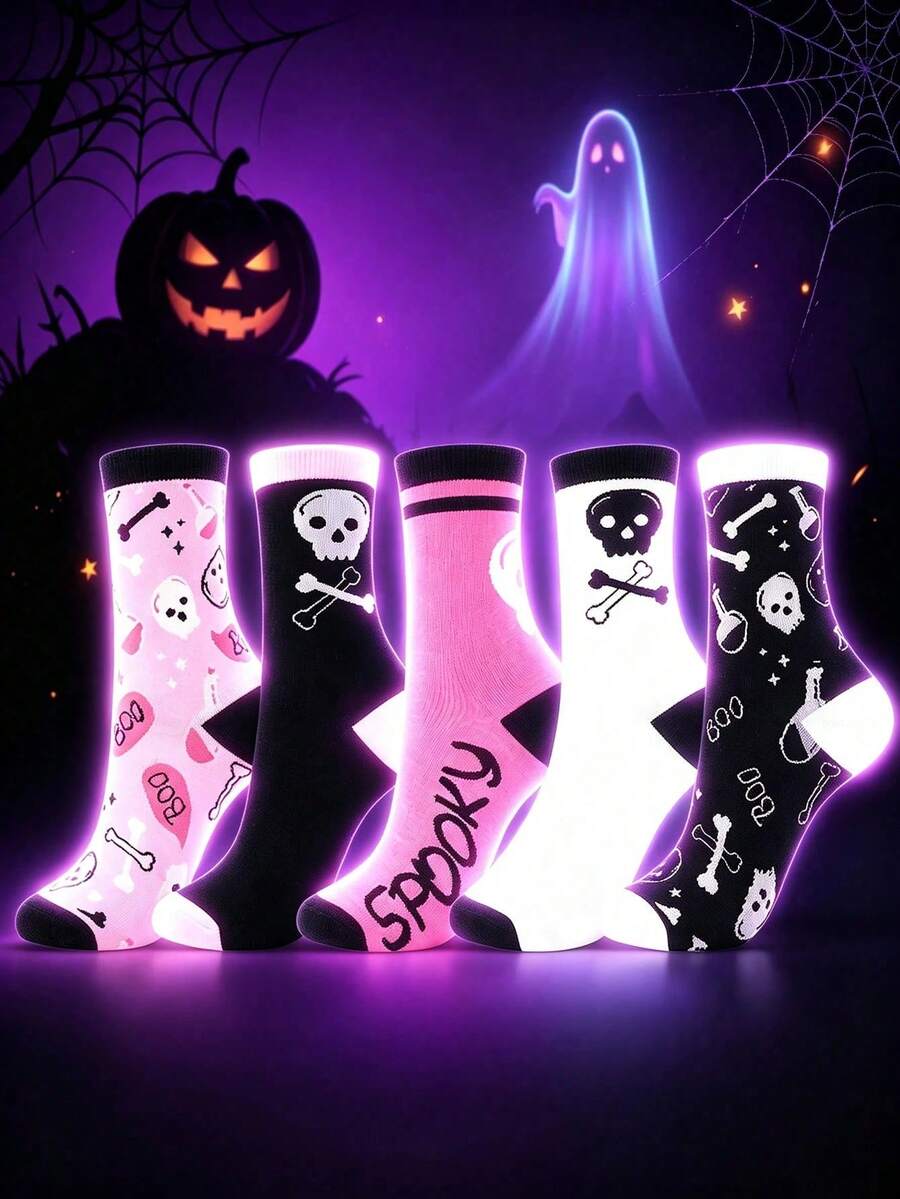 Kaos Kaki Halloween yang Manis & Keren, Bahan Elastis dan Bernapas, Kaos Kaki Setengah Betis Motif Tengkorak dan Tulang Halloween, Kombinasi Berbagai Pola, Cocok untuk Wanita, Pakaian Pesta Tema Halloween, Aksesori Suasana - MultiWarna - View 1