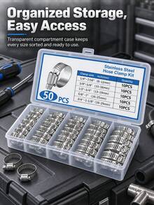 50pcs Stainless Steel Worm Gear Hose Clamps, Adjustable Pipe Clamp Fastener Set, 5 Sizes - American Style Clamp Set - View 3