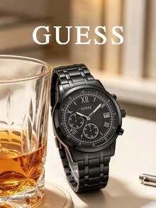GUESS W1001G3 All-Black Ion-Plated Stainless Steel Three-Dial Chronograph Men's Quartz Watch, Roman Numerals Matte Black Dial Calendar Multifunction, 44mm Large Dial Business Commute Rugged Men's Wristwatch - Black - View 5