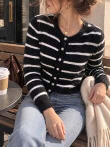Women Fall Winter Black Contrast Striped Knit Cardigan, Long Sleeve Button Front Fashion Sweater, Casual Daily Going Out Back To School Hoco Outfit - Black and White Stripes - View 3