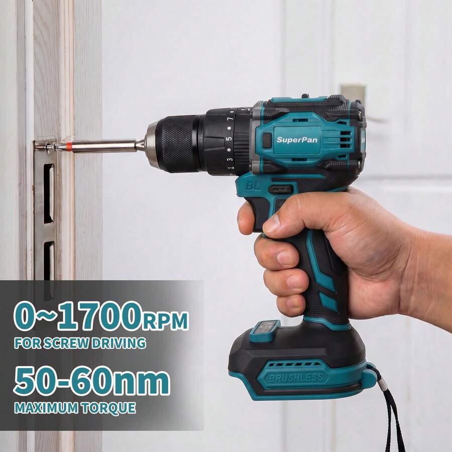 SuperPan High Power Brushless Lithium-Ion Drill 25+1 Torque Settings Dual Speed Adjustable Home Assembly/Metal Drilling/Wood Boring Multi-Function Rechargeable Hand Drill (Bare Tool - Battery Not Included) - Blue - View 1