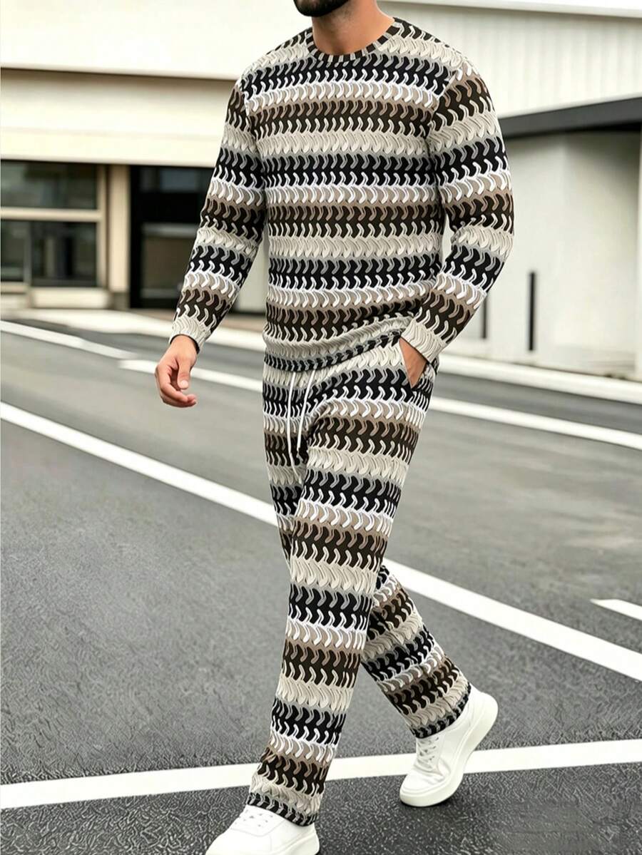 Men's Autumn/Winter Fashion Versatile Striped Patchwork Crew Neck Long Sleeve T-Shirt & Pants Set - Multicolor - View 1